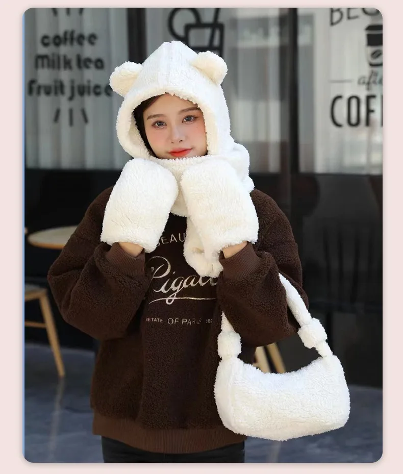 Hot Selling Brown Bear Hat Gloves Set Animal Long Mitten Hat Thick Warm Designer Set Cute Hat Scarf Gloves And Bag Set