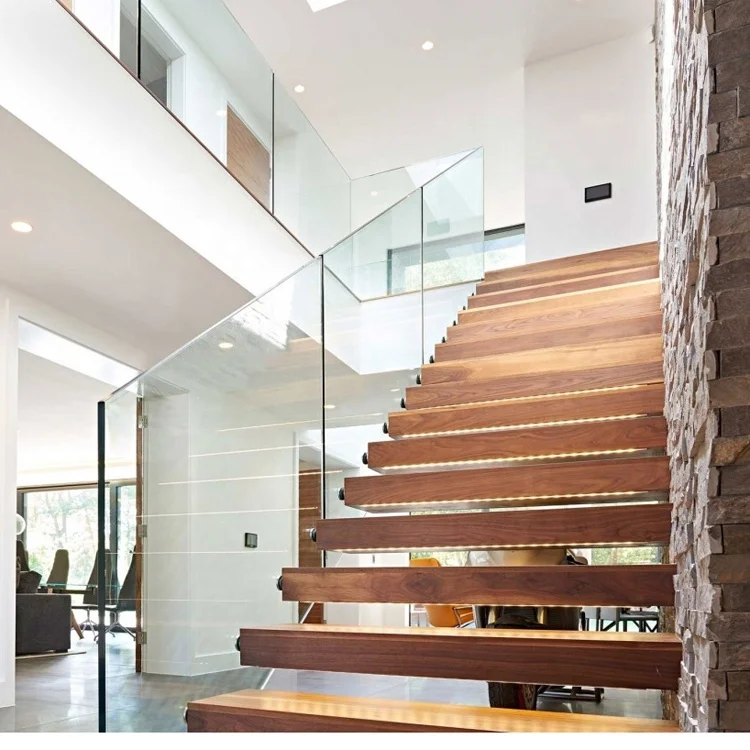 Прямая плавающая лестница, выполненная по индивидуальному заказу с деревянными ступеньками и закаленными стеклянными перилами, лестничная система