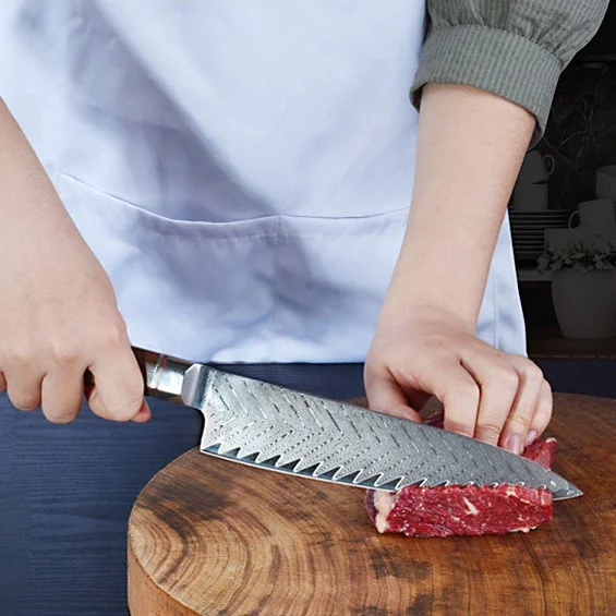 Chef Knife with Etched Damascus High Carbon Stainless Steel Knife  VG-10 Damascus Steel Chef Knife