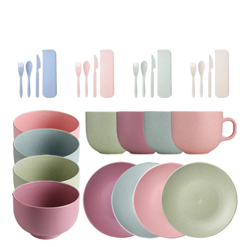 Amazon Hot Sale 24 PCS /Set High-Quality Wheat Straw Tableware Set Food Container For Kids Wheat Straw Dinnerware Sets