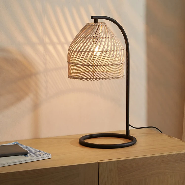 Wholesale Modern Small Nightstand Minimalist Handwoven Natural Black Rattan Wood Bamboo Table Lamp for Bedroom