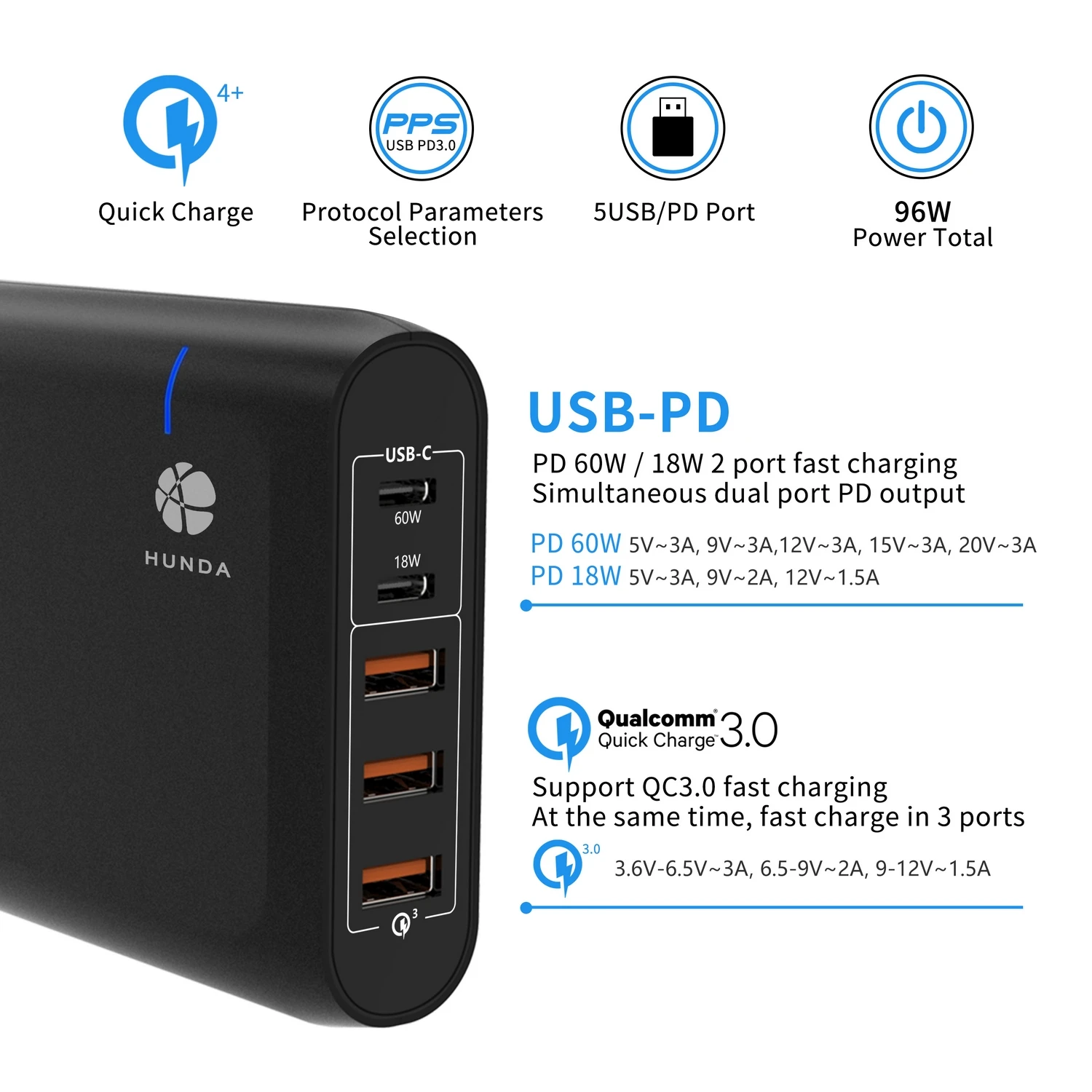 Hunda 2020 Best seller 5 port 60W PD usb charger mobile phone charging station Type C QC3.0 charger for Laptop/Mobile phone/Ipad