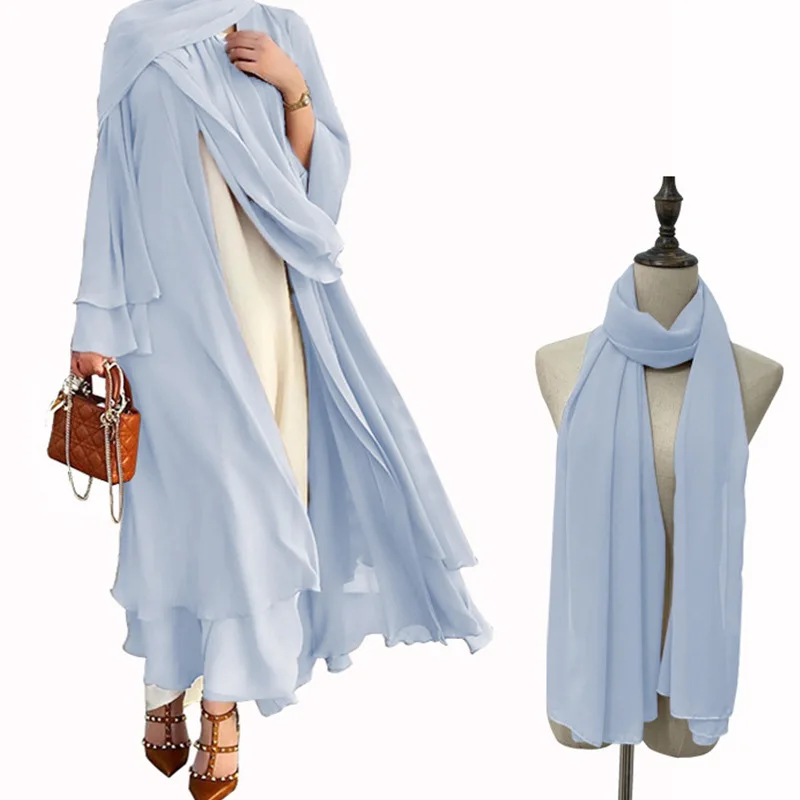 Wholesale 2 Layer Islamic Kimono Cardigan Women Dubai Abayas Turkey Kaftan Muslim Dress Chiffon Open Abaya