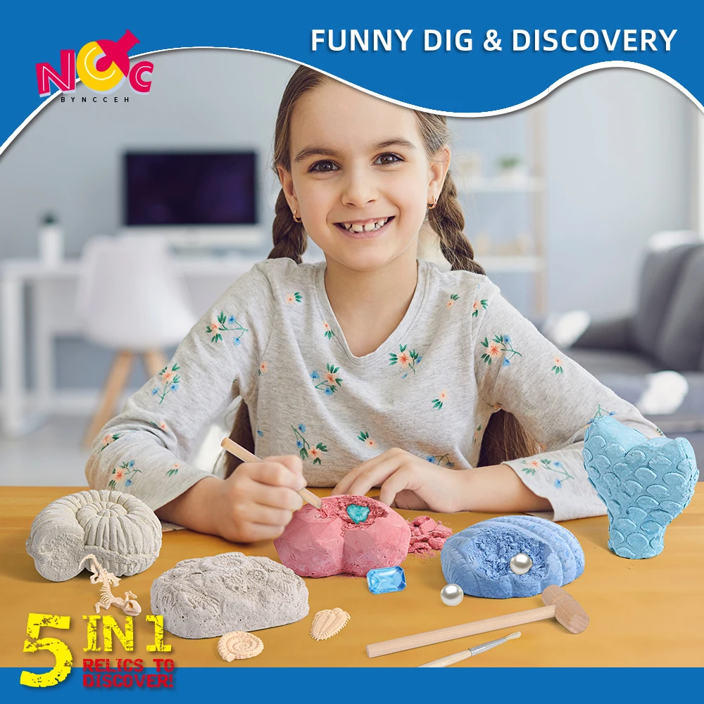 best selling toys 5 in 1 dig kit gem digging toy pearl skeleton fossil diy game set kids educational toys gift free sample