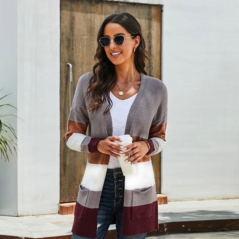 Fall Winter 2024 Casual Open Front Cardigan Sweater Long Sleeve Color Block Knitted Cardigan For Women