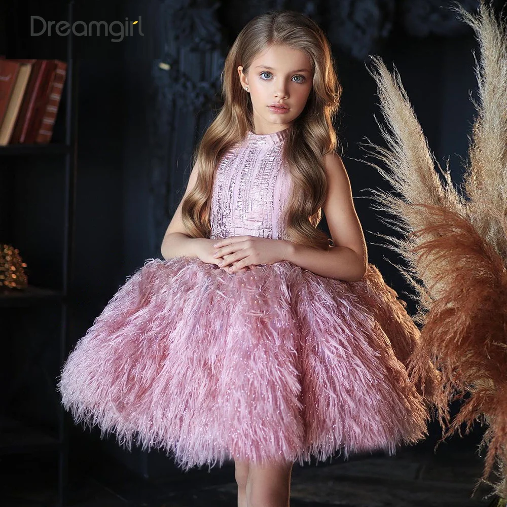 Пышное роскошное платье принцессы на день рождения для девочек с перьями и цветами детское первого