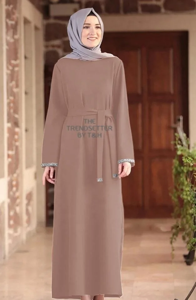 Q11D170- Collection Muslim Women Abaya High Quality Elegant Islamic Clothing Long Sleeve Abaya With grey Chiffon scarf
