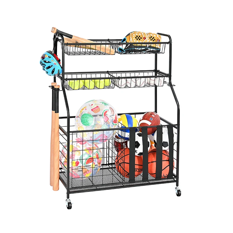 Customized Garage Sports Equipment Organizer Rack Ball Storage Ball Sports Storage Cart with Baskets and Hooks