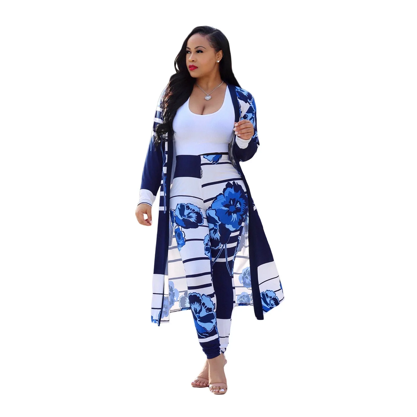 2021 women clothing spring fall Lady elegant Printed long coat leggings two piece pants set boutique clothing