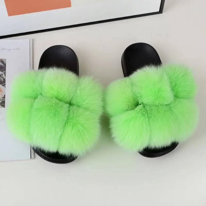 New Fashion Ladies Fox Fur Slippers Faux Futured White Furry Women Blue Slides Non-Slip Sheepskin Fuzzy Furcharm Real