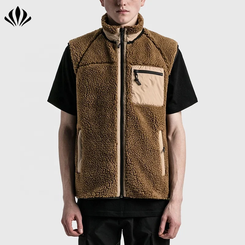 Men Vest Winter High Neck Vest Sleeveless Sherpa Fleece Stand Collar Men Chest Zipped Patch Pocket Mesh Lining Polyester Knitted