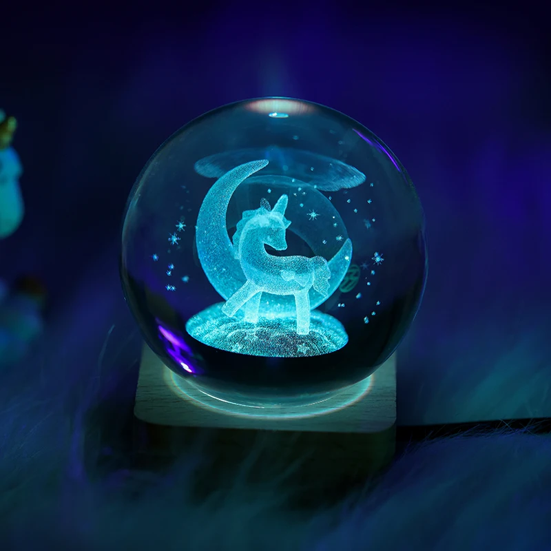 Birthday Gift Popular 3D Engraving Glass Crystal Ball for Children Toy Gifts with Wood Base LED Light Night Lamp