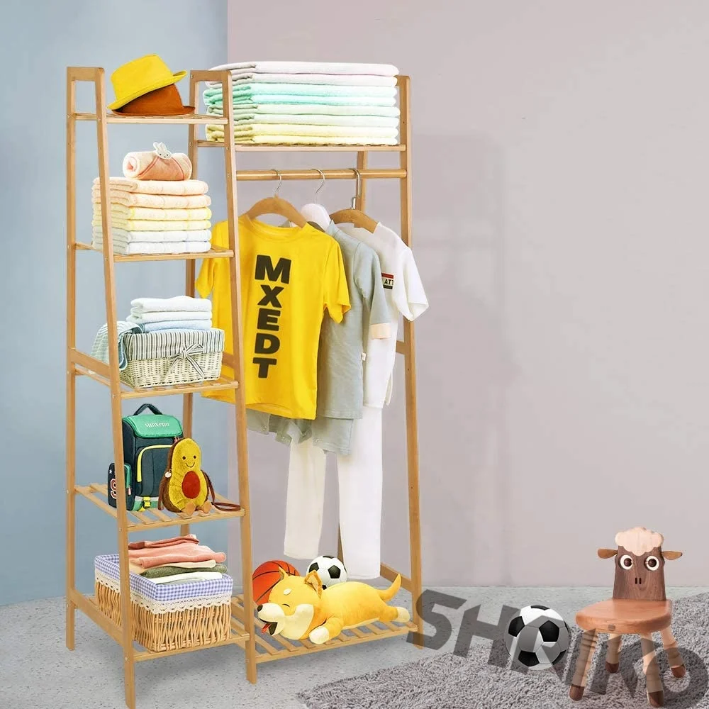 Bamboo hanger with 3-layer storage rack, independent clothes hanger for bedroom entrance with additional storage space