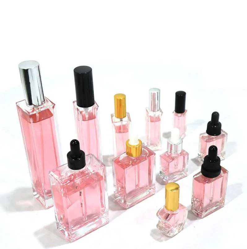 Wholesale Oil  Glass Bottle Dropper Square Shape Clear 15ml 30ml 50ml 100ml Glass Bottle