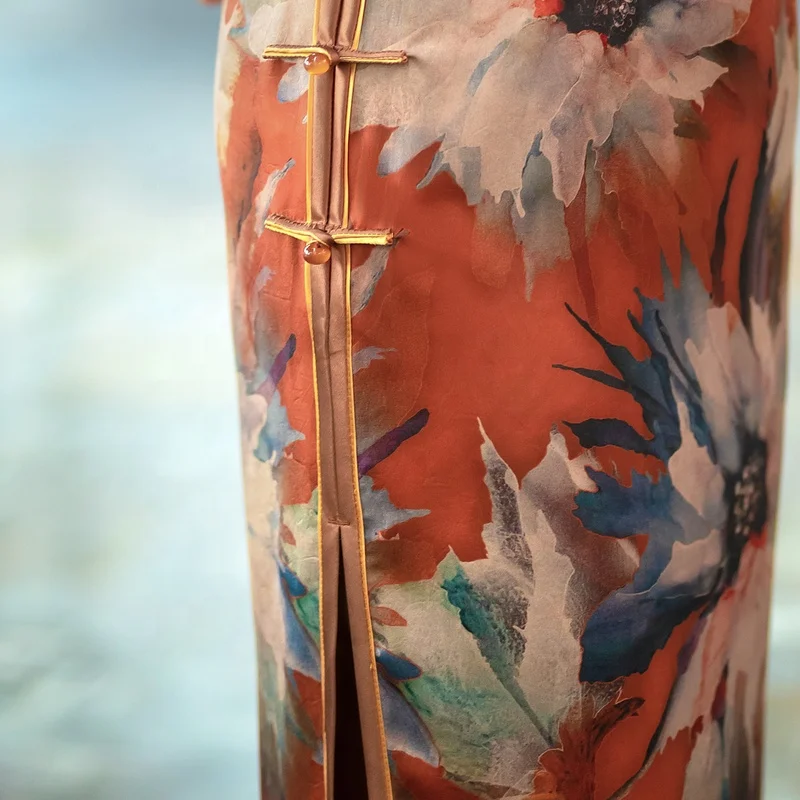 Elegant Heavy Silk Floral Long Chinese Dress Modern Slim Fit Daily Wear Cheongsam New Improved Style