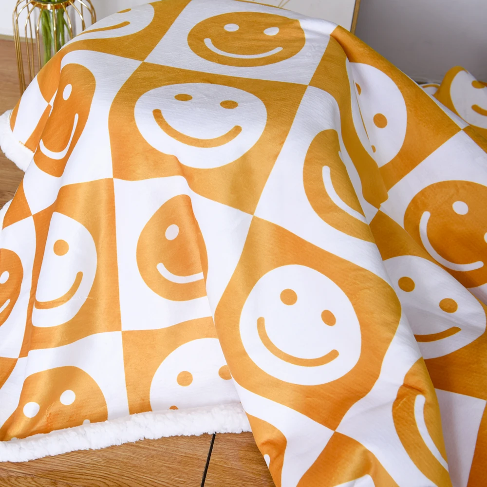 soft smiley face plush warm king size Custom print sherpa throw blanket reversible soft blank for winter for bed sofa home couch
