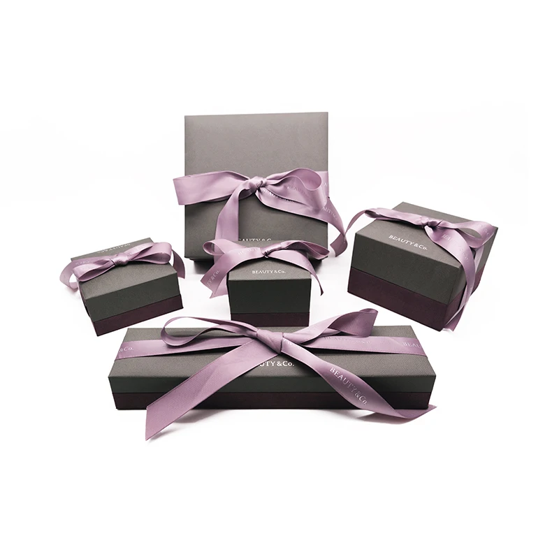High-End Microfiber Pendant Bangle Ring Packaging Gift Jewelry Set Box With Polyester Ribbon Bow