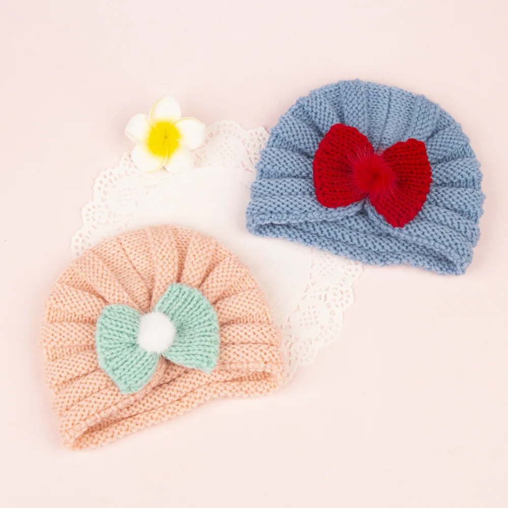 Wholesale Winter Kids 100% Cotton Skein Crochet Knitted Double Faux Fur Pom Pom Beanies Custom Label Toddle Baby Hats