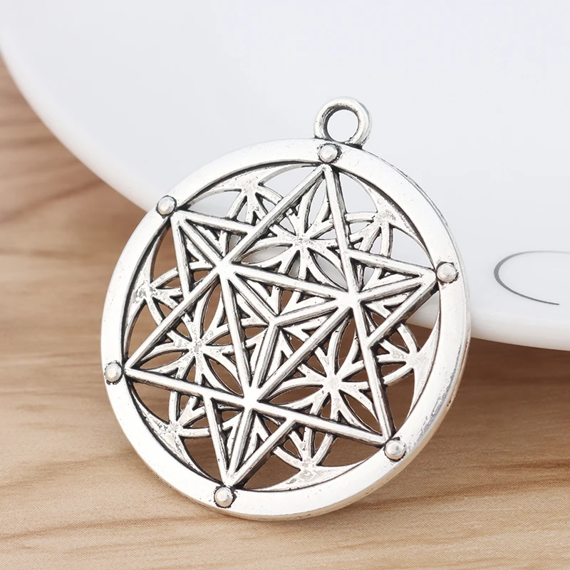 Antique Silver Tone Flower of Life Merkaba Sacred Geometry Round Charms Pendants For Necklace Jewelry Making