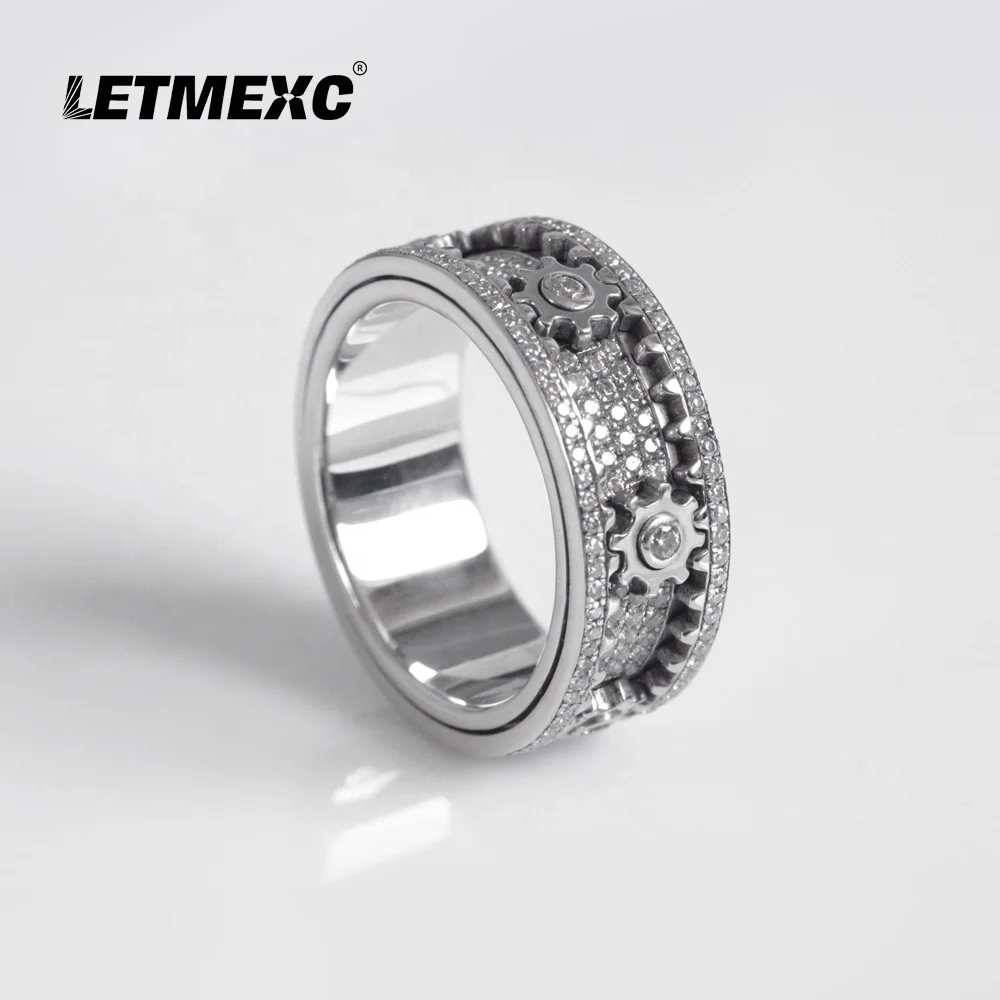 LETMEXC Hot Sale Custom Wheel Of Life Full Diamond Gear Ring Moissanite D Color VVS1 925 Silver Couple Rings