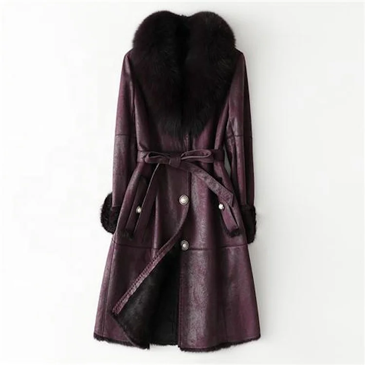 Luxury winter long style with belt real fox fur collar genuine fur jacket rabbit fur coat for women