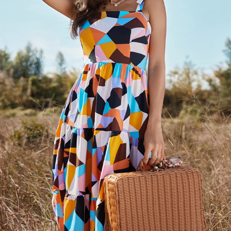 2022 Fashionable woman colorful sleeveless backless maxi dress Casual midi dress Chiffon Polyester Floral Printed Long Skirt