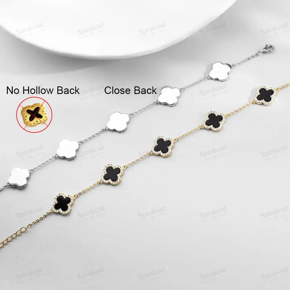 SPJ Vintage Jewellery 14K Gold Plated 925 Sterling Silver Onyx Mother-of-pearl Four-Leaf Clover Icon 5-Mofits Bracelet Jewelry