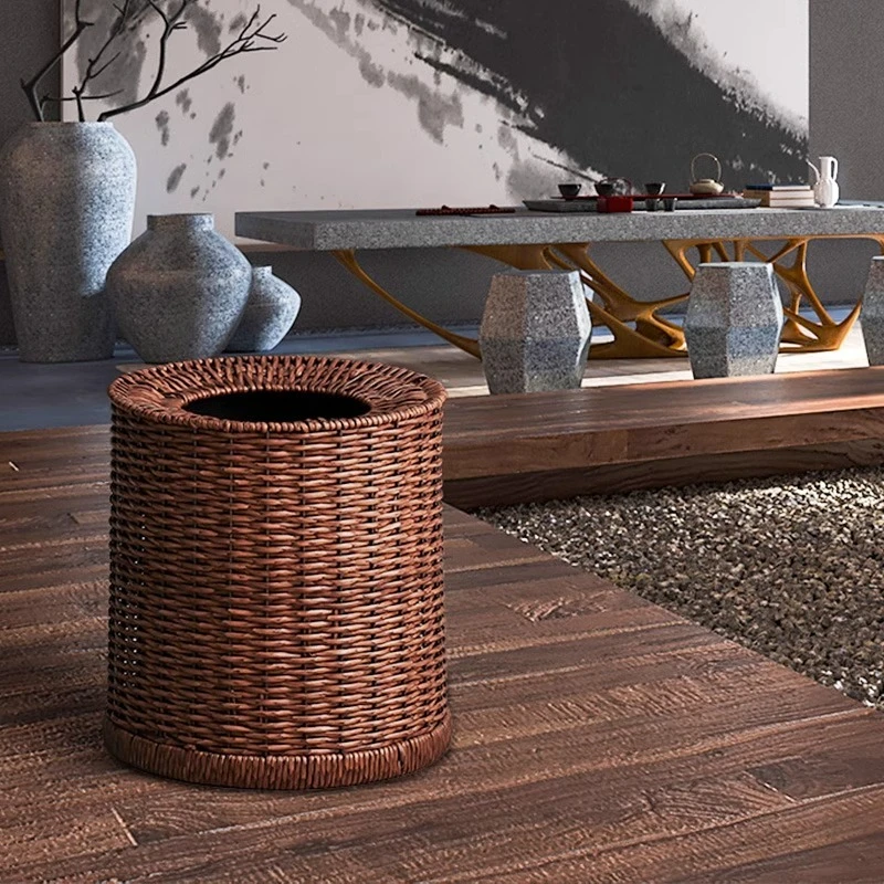 Brown 12L high-end tea room tea art trash can household  rattan weaving bedroom  living room  homestay office