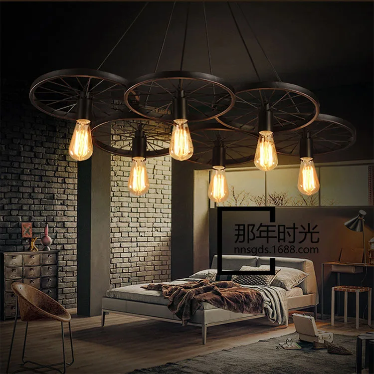 Retro Nostalgic Wheel Style Lamp Iron LED Pendant Light Chandelier Ceiling Luminaire