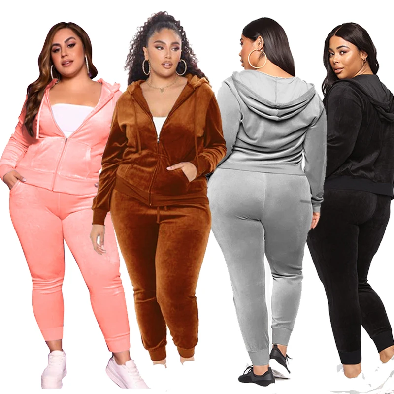 Fat Women Velvet Matching Outfits Colorful Warm Thick Sherpa Casual Jacket 2022 Fall Ladies 2 Piece Hoodie Plus Size Pants Sets