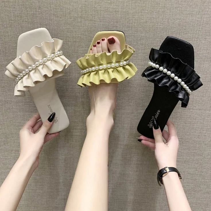 cheap wholesale 2022 Summer New Fashion Women Outer Wear Roman Dames Slippers Women Pearl Lace Square Head Sandals And Slippers