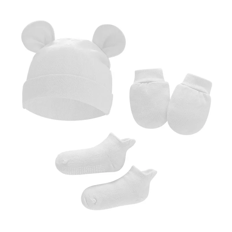 0-6 Month Newborn Baby Hat Ears Baby Knitted Beanie Hats Socks with Baby Teething Glove Set