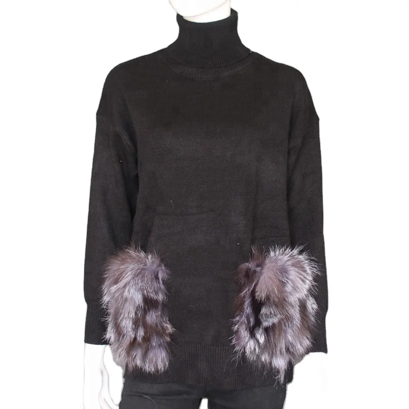 Soft Autumn fashion knitted jumpers lady Winter crochet sweater with fox fur