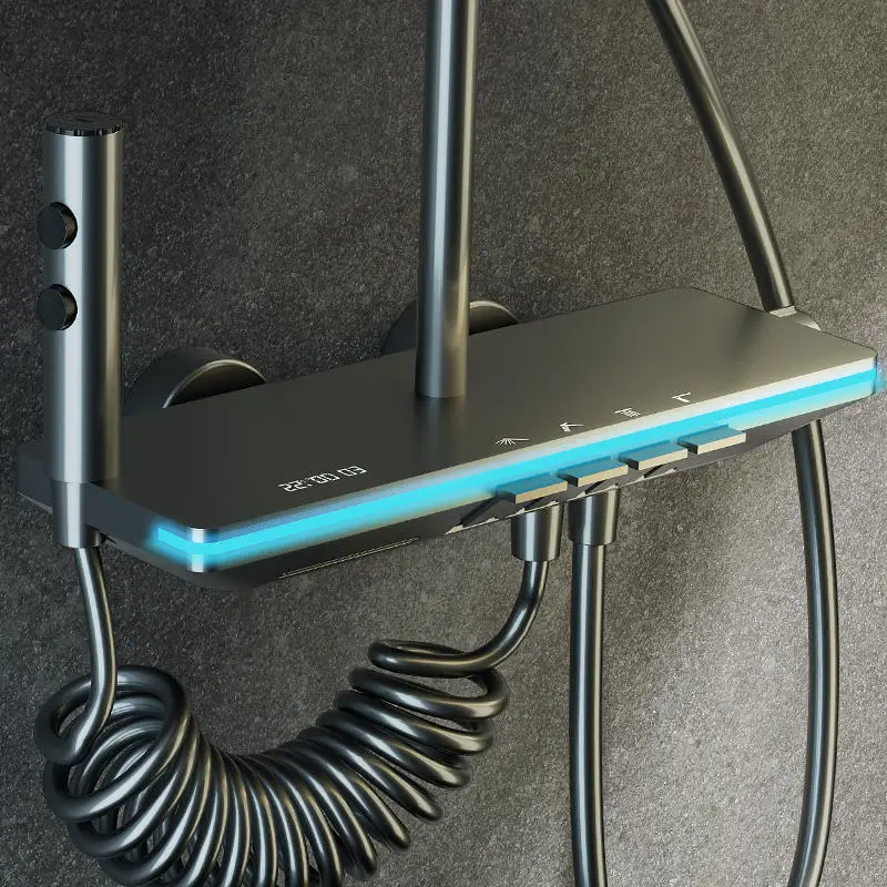 TikTok Trend Copper Exposed Shower Mixer Piano Key 4 Functions LED Digital Atmosphere Ambient Lighting Rainfall Shower Set