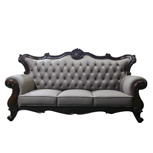 French luxury carved wooden frame 1 2 3 seater couch furniturse European classic leather upholstered living room sectional sofa