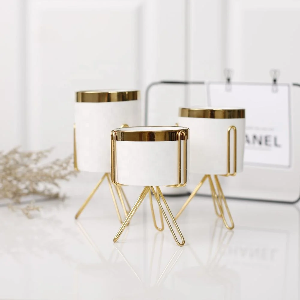 
Nordic ins ceramic iron home office pot with golden edge/simulated fleshy flower pot(white) 