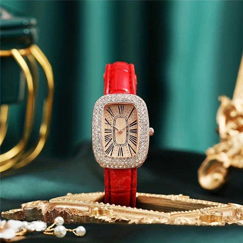 Hot Luxury Shiny Sky Diamond Ladies Quartz Watch Leather Women Watches & 4pcs Fashion Jewelry Set Necklace Earring