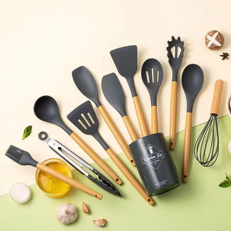 11pcs Silicone Cooking Kitchen Utensils Set, Wooden Handles Cooking Tool BPA Free Non Toxic Silicone Turner Tongs Spatula