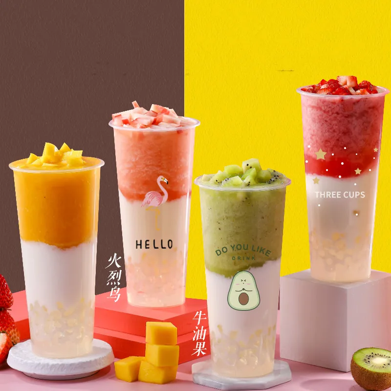Custom Logo 360ml 500ml 700ml 1000ml Disposable Thick Smoothie PP Clear Frost Plastic Bubble Boba Milk Tea Cup with Lid