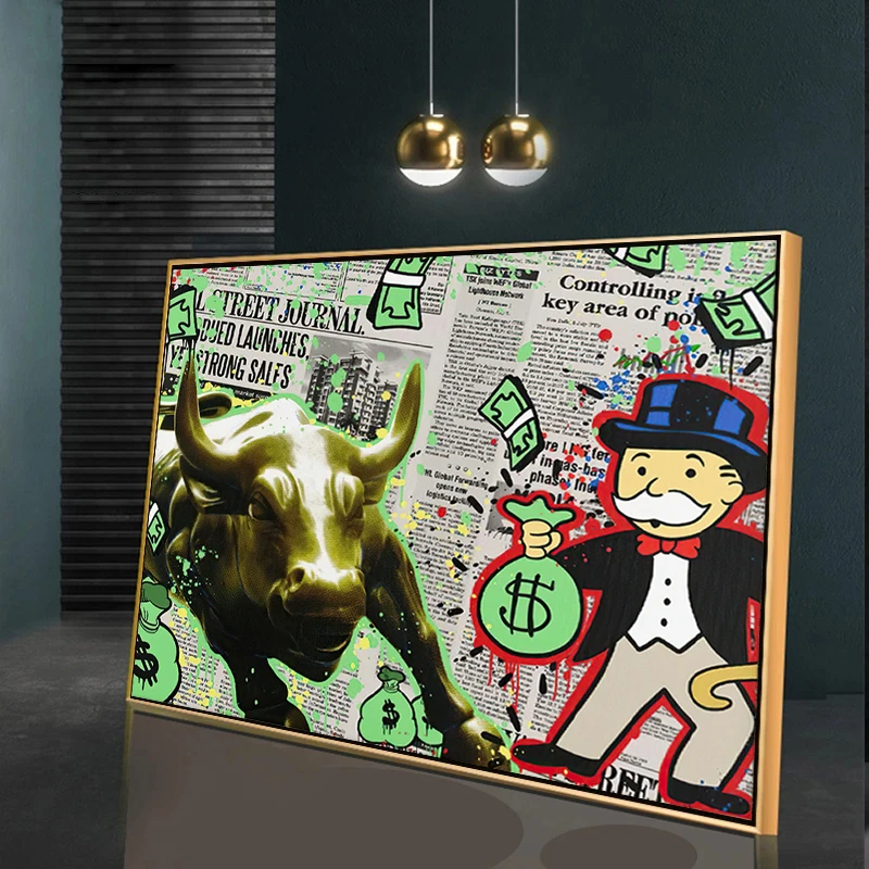 Graffiti Art Canvas Painting Alec Monopoly and Angry Bull Poster Prints Wall Art Picture for Living Room Home Decoration Cuadros
