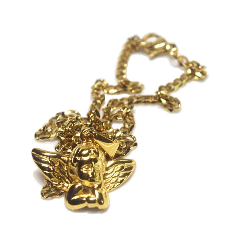 Fashion Hip Hop Men Necklace Stainless Steel 3mm Cuban Link Chain Copper with Gold Plated baby Angel with wingPendant Necklace
