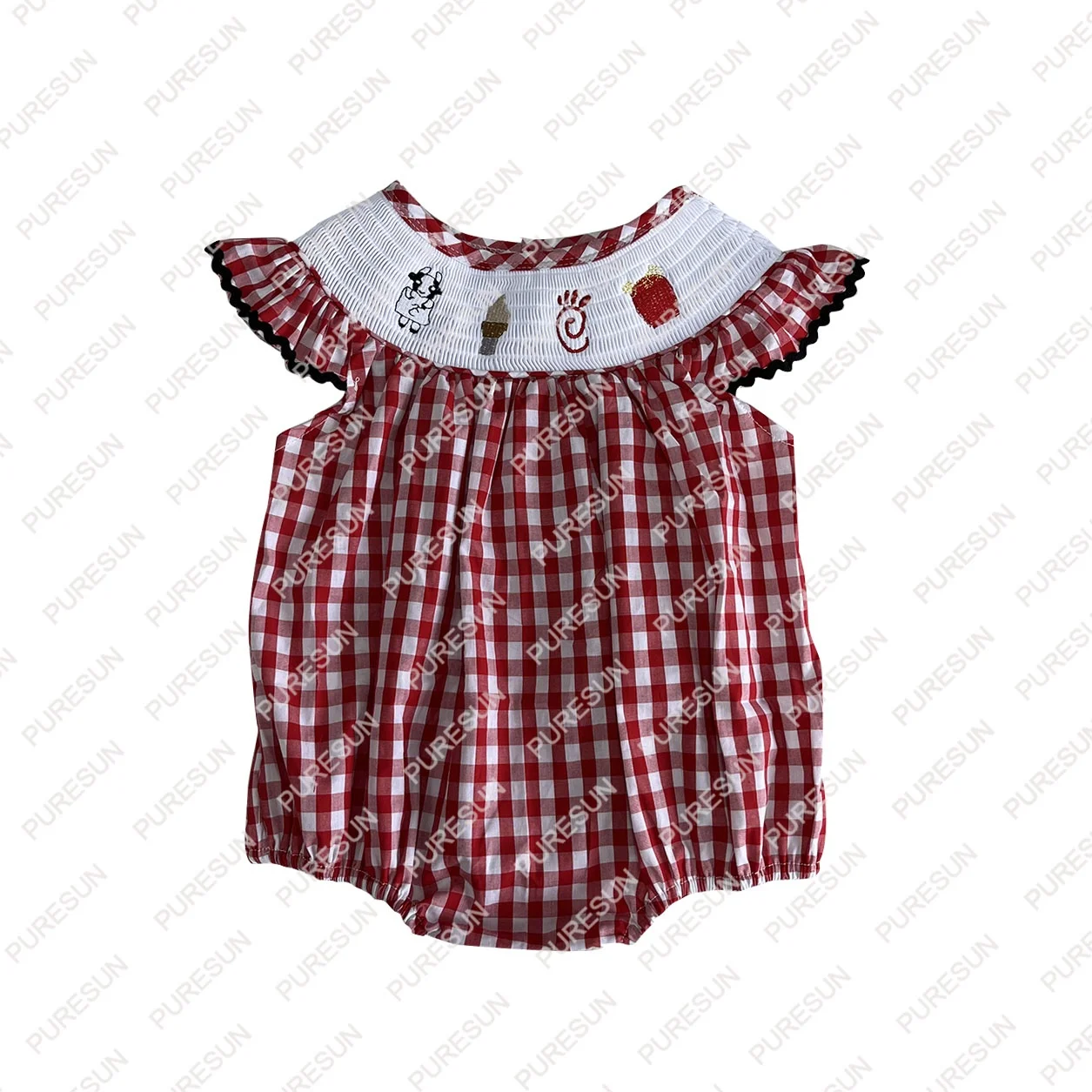 Puresun custom designs smocked baby clothes wholesale red gingham chick smocked baby girl boutique clothing set