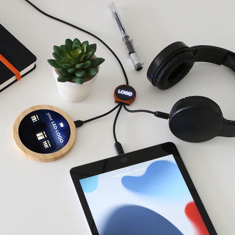 Custom LED Logo Wood RPET Nylon Braided Fast Charging 5in 1 Type C USB C Cable Data USB Charging Cable