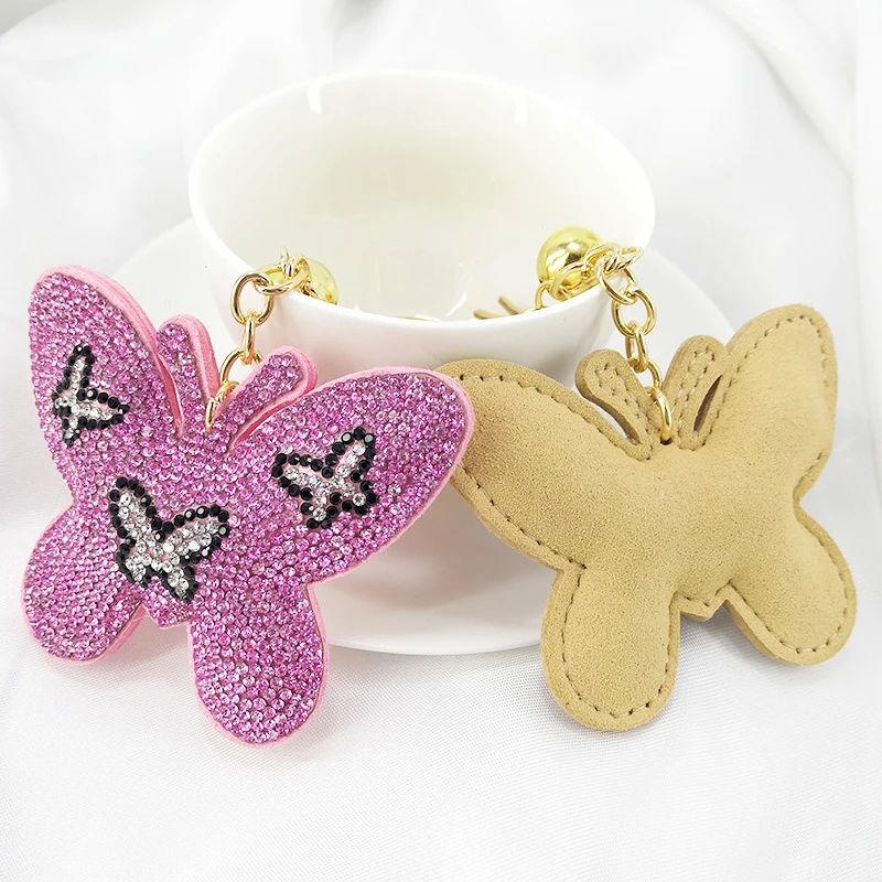 Creative Korean Velvet Diamond Butterfly Insect Keychain Pendant Tassel Bag Car Charm Flash Diamond Accessories