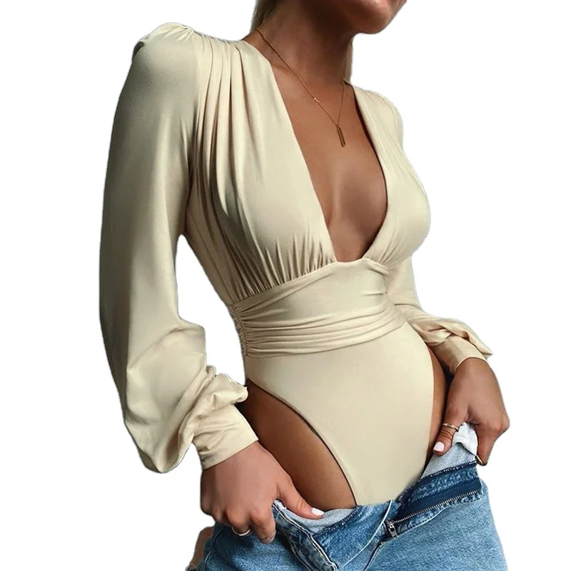 Black Deep V Neck Bodysuit Women Sexy Puff Sleeve Bodycon Jumpsuit Solid Elastic Casual Party Winter Body Tops