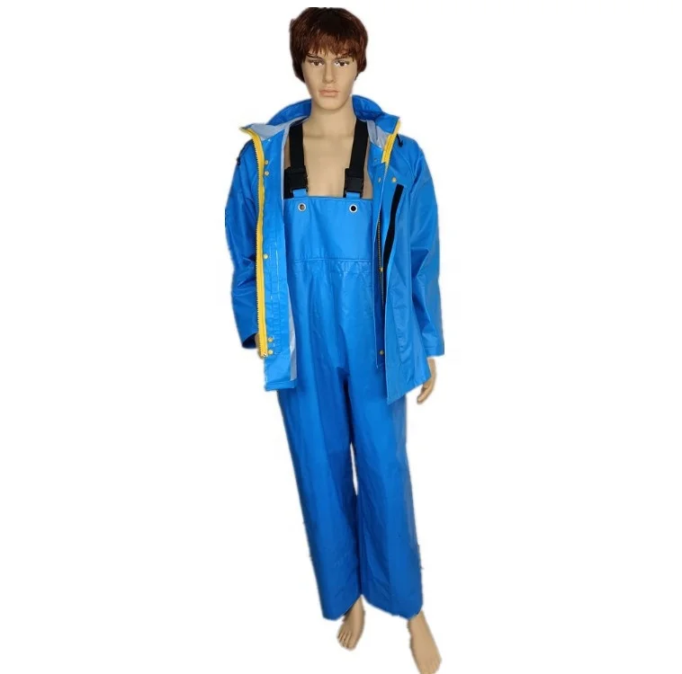 sea water proof durable pvc rain bib pants trousers jacket overalls blue commercial fisherman raincoat