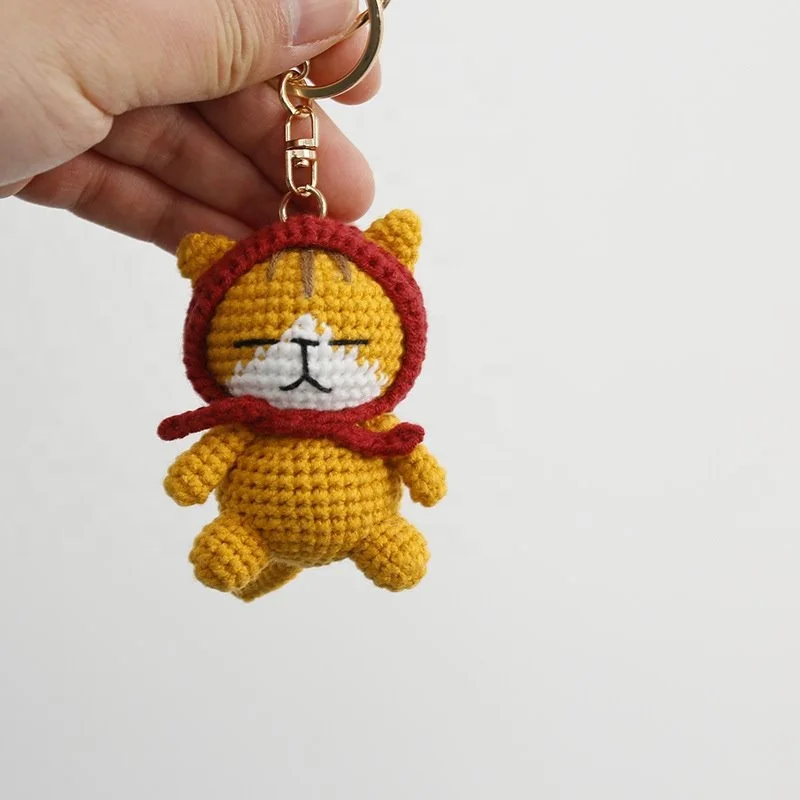 Cartoon Cat Dog Handmade Woven Knitting Yarn Keychain Wool Thread Hook Weaving Crochet Doll Decoration Creative Gifts