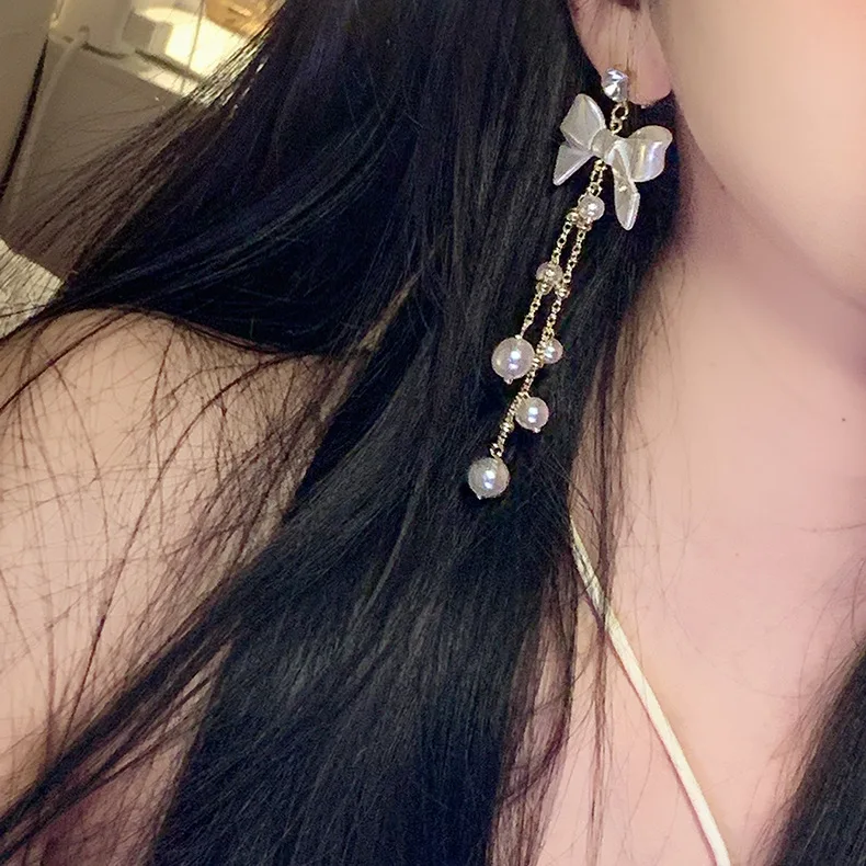 Hot sale fashion pearl tassel zircon butterfly knot long drop earrings for women