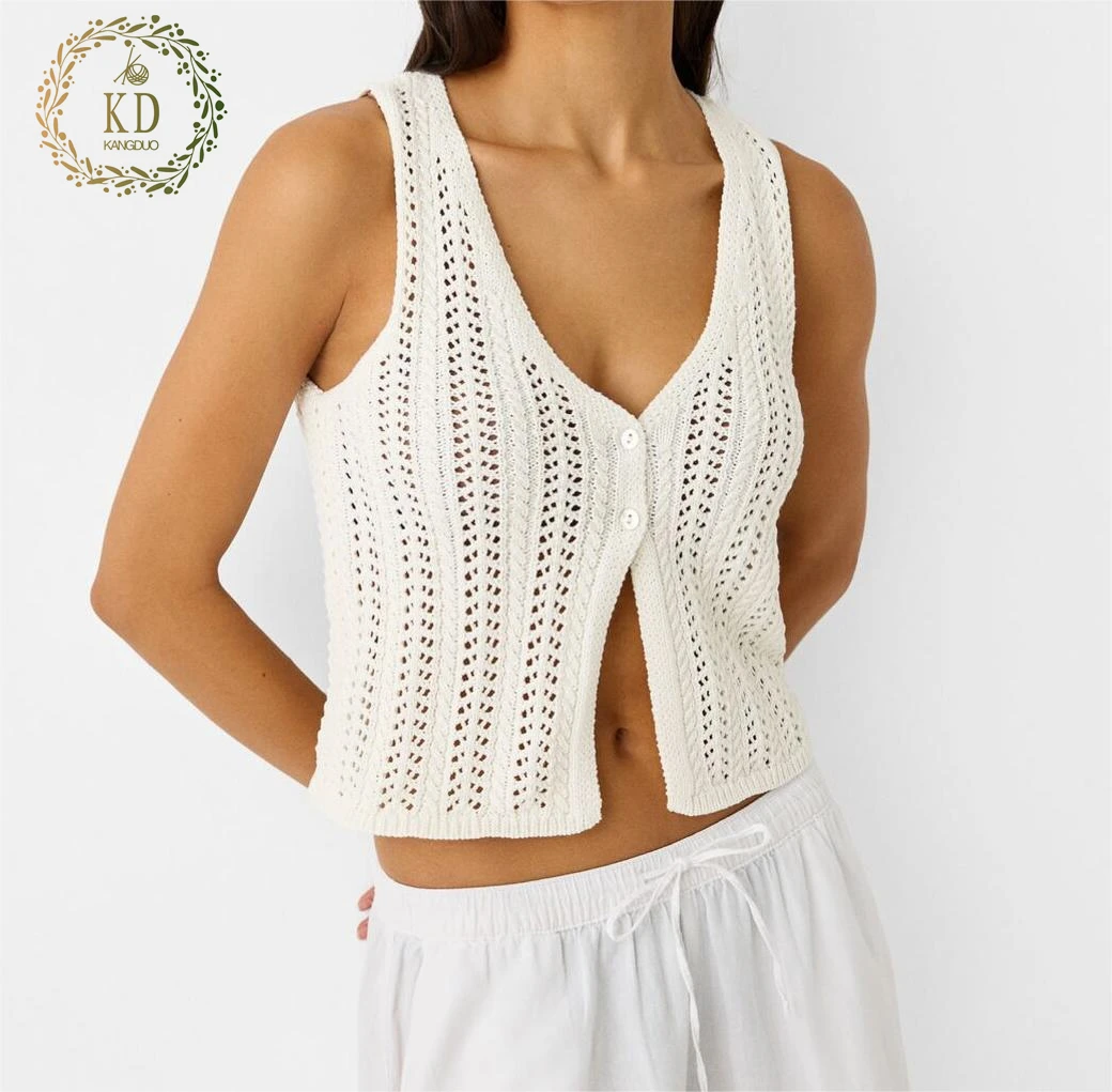 KD Knitwear Manufacturers Customizable Logo Yarn Summer Mesh Hollow Buttons Crochet Knit Top Waistcoat Women Sweater