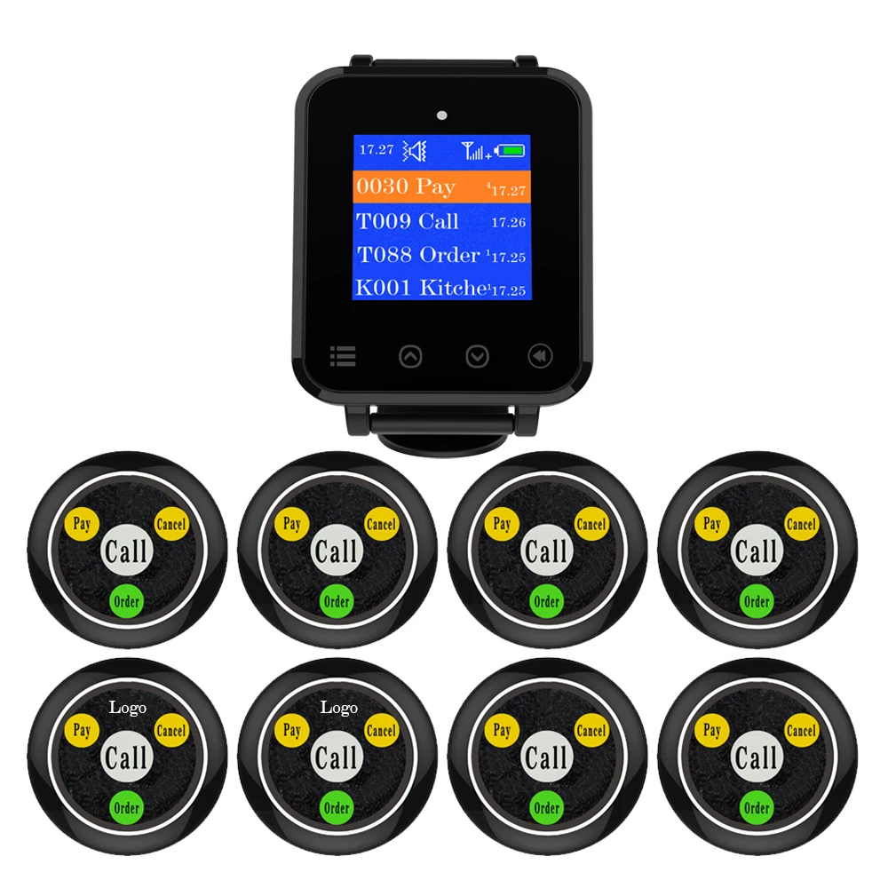 Artom Wireless call bell system with waterproof watch receiver set in different language and customized free logo on pager
